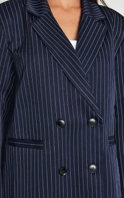 Dark Blue Pinstripe Double Breasted Oversized Blazer