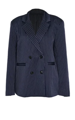 Dark Blue Pinstripe Double Breasted Oversized Blazer