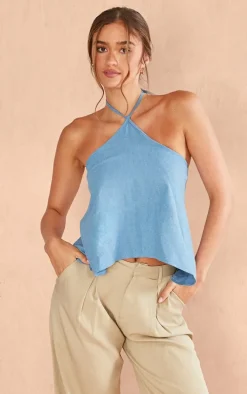 Dark Blue Premium Linen Look Halter Crop Top