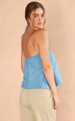 Dark Blue Premium Linen Look Halter Crop Top