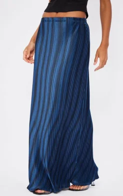 Dark Blue Printed Plisse Maxi Skirt