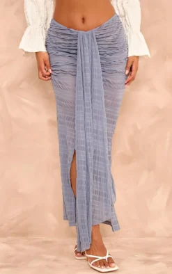 Dark Blue Sheer Textured Drape Front Maxi Skirt