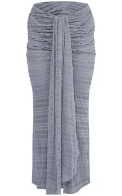 Dark Blue Sheer Textured Drape Front Maxi Skirt