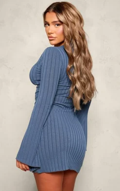 Dark Blue Wide Rib Flare Lettuce Hem Sleeve Bodycon Dress