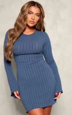 Dark Blue Wide Rib Flare Lettuce Hem Sleeve Bodycon Dress