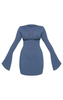 Dark Blue Wide Rib Flare Lettuce Hem Sleeve Bodycon Dress