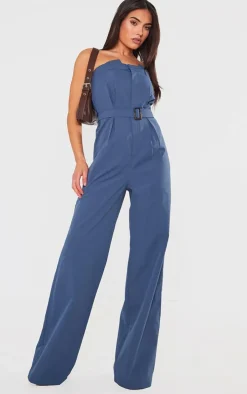 Dark Blue Woven Belted Bandeau Wide Leg Jumpsuit