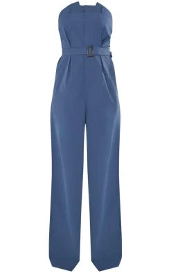 Dark Blue Woven Belted Bandeau Wide Leg Jumpsuit