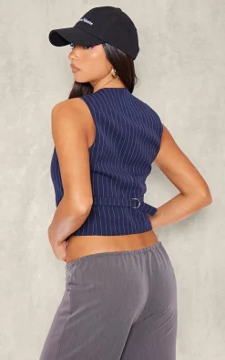 Dark Blue Woven Striped Fitted Vest