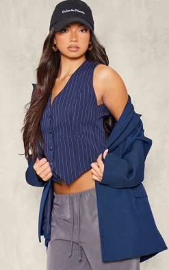 Dark Blue Woven Striped Fitted Vest