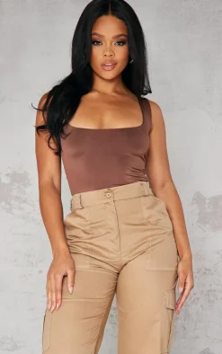 Dark Brown Basic Slinky Scoop Neck Bodysuit