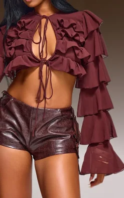 Dark Brown Chiffon Ruffle Tie Detail Crop Top