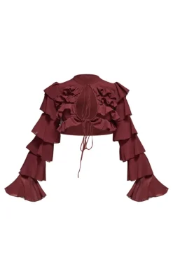 Dark Brown Chiffon Ruffle Tie Detail Crop Top