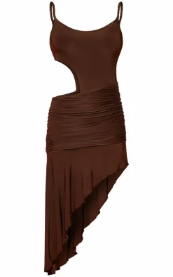 Dark Brown Double Layer Slinky Twist Strap Detail Midaxi Dress