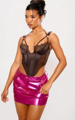 Dark Brown Lace Satin Mix Thick Strap Corset