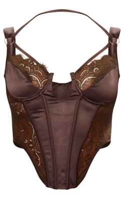 Dark Brown Lace Satin Mix Thick Strap Corset