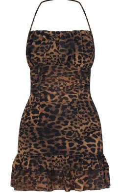 Dark Brown Leopard Print Woven Halterneck Frill Hem Bodycon Dress