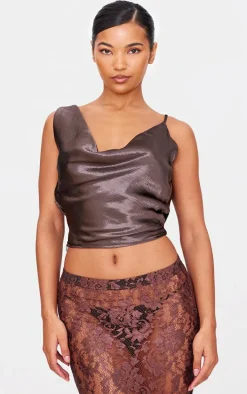 Dark Brown Metallic Satin Cowl Crop Top