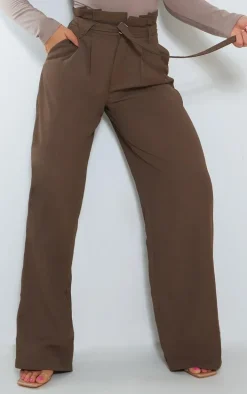 Dark Brown Paperbag Woven Wide Leg Pants