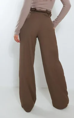 Dark Brown Paperbag Woven Wide Leg Pants