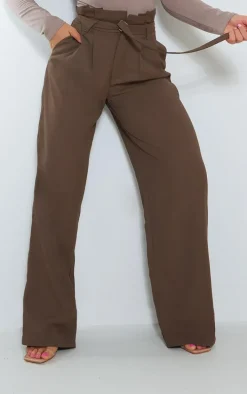Dark Brown Paperbag Woven Wide Leg Pants