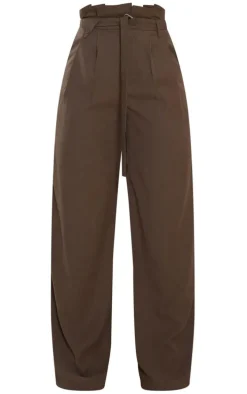 Dark Brown Paperbag Woven Wide Leg Pants