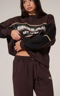 Dark Brown Print Embroidered Leisure Club Sweatshirt