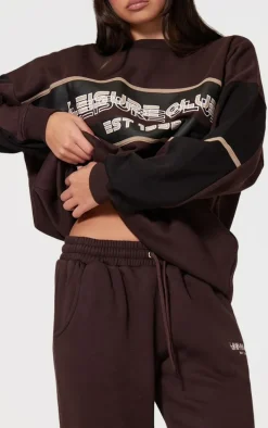 Dark Brown Print Embroidered Leisure Club Wide Leg Sweatpants