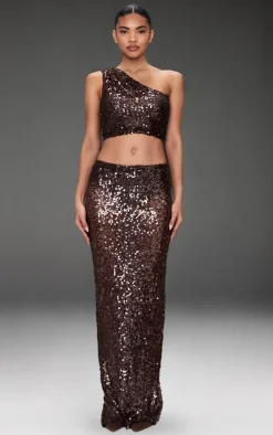 Dark Brown Sequin Mesh Maxi Skirt