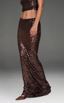 Dark Brown Sequin Mesh Maxi Skirt