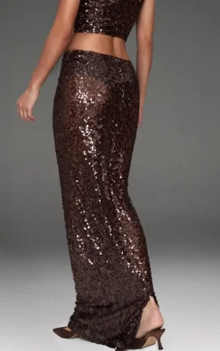 Dark Brown Sequin Mesh Maxi Skirt