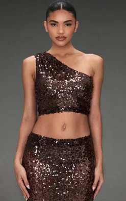 Dark Brown Sequin Mesh One Shoulder Top