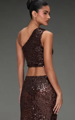 Dark Brown Sequin Mesh One Shoulder Top