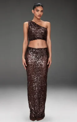 Dark Brown Sequin Mesh One Shoulder Top