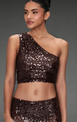 Dark Brown Sequin Mesh One Shoulder Top