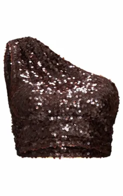 Dark Brown Sequin Mesh One Shoulder Top