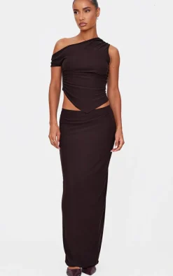 Dark Brown Soft Touch Mid Rise Maxi Skirt