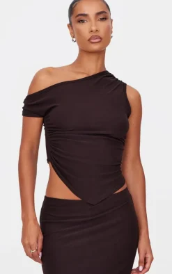 Dark Brown Soft Touch Sleeveless Asymmetric Top