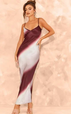 Dark Brown Striped Ombre Print Satin Cami Maxi Dress