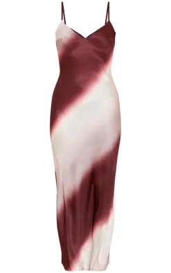 Dark Brown Striped Ombre Print Satin Cami Maxi Dress