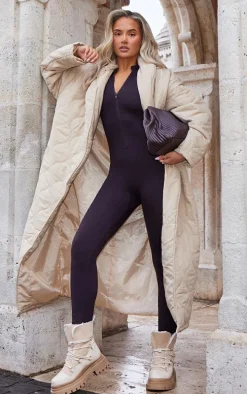 Dark Brown Structured Snatched Rib Short Sleeve Jumpsuit