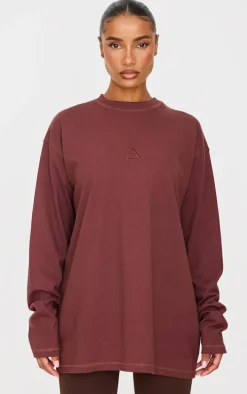 Dark Burgundy Print Oversized Long Sleeve T-Shirt