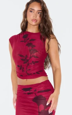 Dark Burgundy Printed Mesh Ruched Long Top