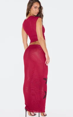 Dark Burgundy Printed Mesh Ruched Long Top