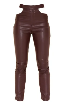 Dark Chocolate Faux Leather Cut Out Detail Skinny Pants