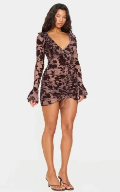 Dark Chocolate Floral Flocked Frill Detail Ruched Bodycon Dress