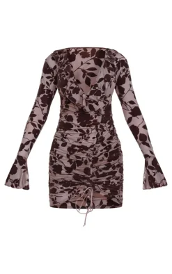 Dark Chocolate Floral Flocked Frill Detail Ruched Bodycon Dress
