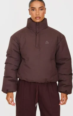 Dark Chocolate High Neck Cropped Puffer Jacket