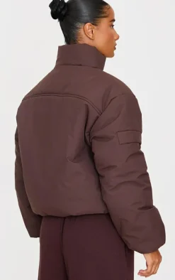 Dark Chocolate High Neck Cropped Puffer Jacket