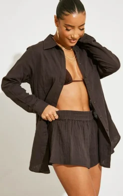 Dark Chocolate Soft Crinkle Cotton Floaty Beach Shorts